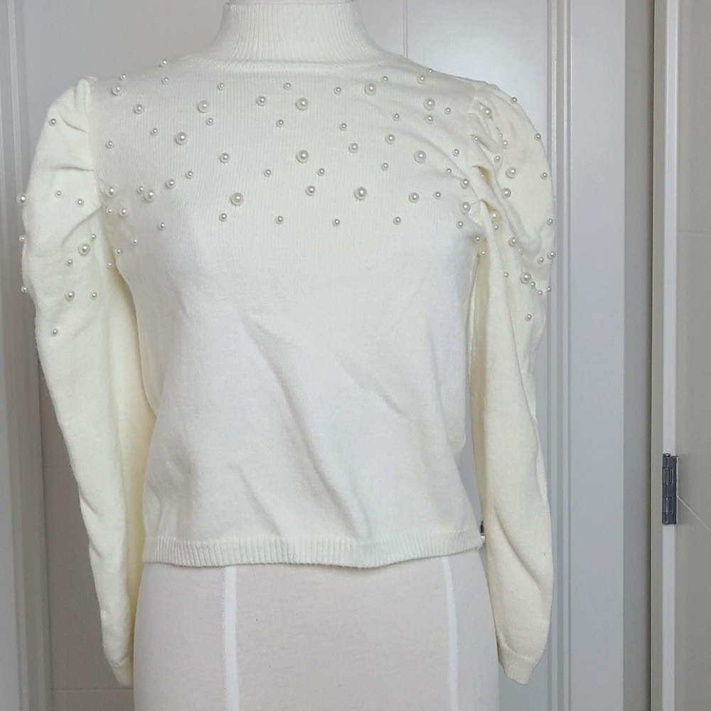 High Neck Faux Pearl Accent Top